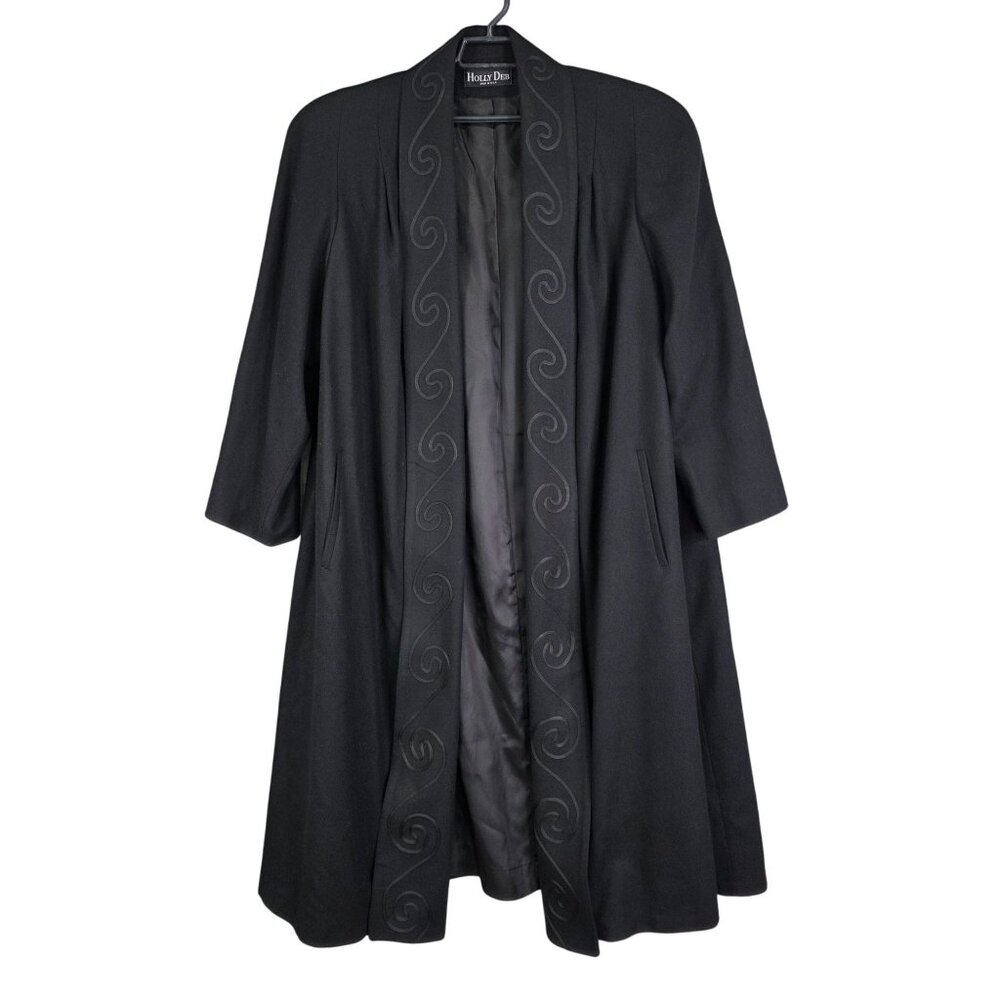Womens Holly Deb Black 100% Pure Wool Embroidered Long Coat Open Front Size M